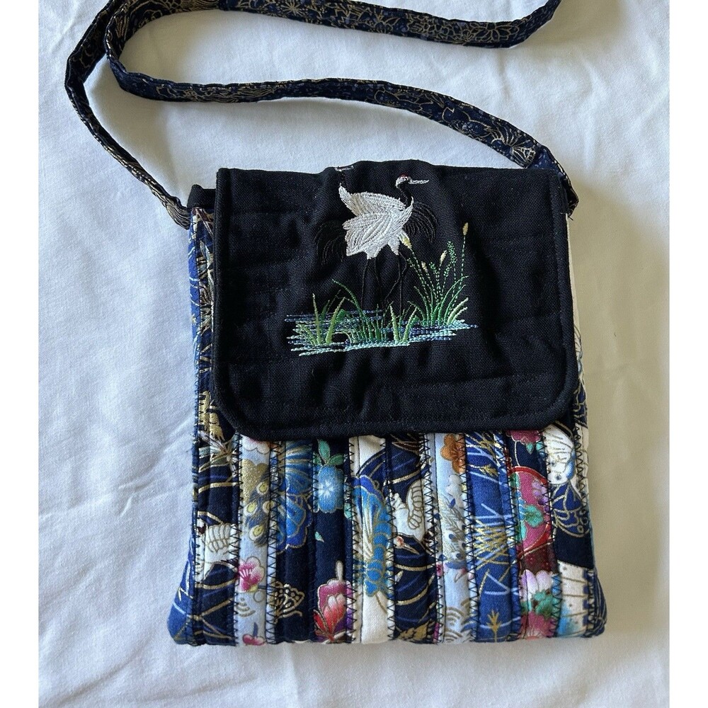 Black and Blue Crossbody Quilted and Crane Embroidery